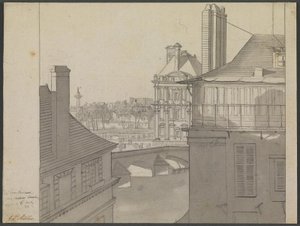 Uitzicht vanuit J.P. Møllers appartement in Hotel d’Irlande, Rue de Beaune nr. 3, over de Seine richting de Tuileries en Rue de Rivoli, 6 maart 1812 door J.P. Møller