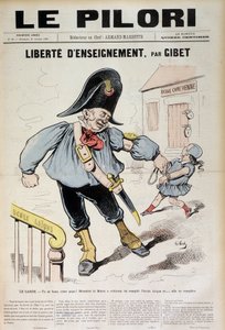 Vrijheid van onderwijs door Gibet: De Wacht - Je mag schreeuwen Papa! De burgemeester heeft bevolen de Laique School te vullen en... het zal gevuld worden (Karikatuur over de Laique School), omslag van "Le Pilori" van 31 oktober door J.  Blass