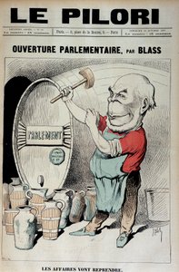 Opening van het Parlement: zaken zullen hervat worden (Karikatuur over het decoratieschandaal met Daniel Wilson en Jules Grévy) - Illustratie door J. Blas (Albert Douat) (1847-1892). in "Le Pilori" van 30/10/1887 door J.  Blass