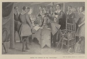 Ondertekening van het verdrag op de "Mayflower" (litho)