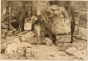 Honden op de haard nr. 1 door J. Alden Weir