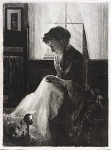 Profielportret van een naaiende vrouw door J. Alden Weir