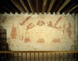 Een 15e-eeuwse muurschildering op de oostmuur van de geschilderde kamer in Cleeve Abbey, Somerset, 1999