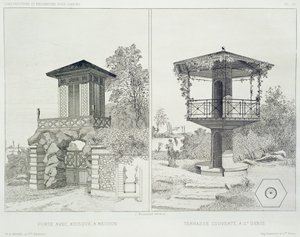 Portaal met kiosk, Meudon, en overdekt terras, St. Denis, uit een volume met ontwerpen van verschillende architecten, uitgegeven door Morel & Cie, Parijs, ca. 1880 door J. Boussard