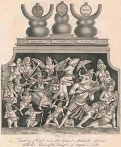 Overwinning van Kali over de Reus Mahish Asura, Met de Beelden van de Tempel van Jagan-Nath, 1809 door J. Chapman