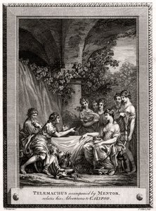 Telemachus vergezeld door Mentor, vertelt zijn avonturen aan Calypso, 1774 door J. Collyer
