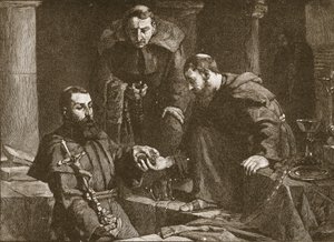 Schuilen van schatten bij de onderdrukking van een klooster, illustratie uit The Church of England: A History for the People door H.D.M. Spence-Jones, pub. c.1910 litho sepia foto door J. Cooke
