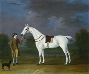 Tabby Runt, een grijze jager met zijn eigenaar en een terriër in een rivierlandschap, 1776
