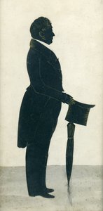 Silhouet van een man met hoge hoed, rokjas en paraplu