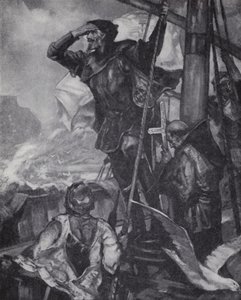 Portugese ontdekkingsreiziger Vasco da Gama ziet de Kaap de Goede Hoop tijdens zijn reis naar India door J. H. Amschewitz