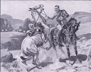 Majoor Brown, 14e Huzaren, houdt luitenant Browns paard vast onder zwaar vuur, illustratie uit Na Pretoria: De Guerrillaoorlog, 1902 door J. H. Thorneley