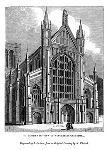 Noordwestelijk uitzicht op de kathedraal van Winchester, 1843