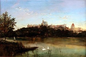 Figuren in een punter en zwanen op de Theems met Windsor Castle op de achtergrond door J. Lewis