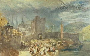 Een uitzicht op Boppard, met figuren aan de rivier door J. M. W. and Wyatt James Turner