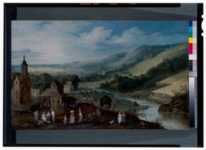 Een uitgestrekt rivierlandschap met boeren die de oogst binnenhalen