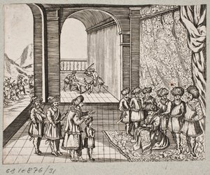 Illustratie van Adam Olearius, “Persianischer Rosenthal von einem Sinnreichen Poeten Schich Saadi”, Schleswig 1660 door J. Muller