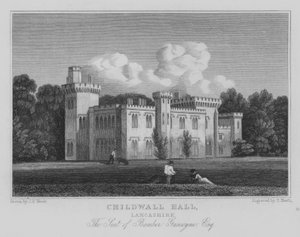 Childwall Hall, Lancashire, Het Huis van Bamber Gascoyne, Esquire (gravure) door John Preston Neale