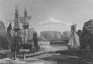 De Ingang van de Londense Docks door John Preston Neale