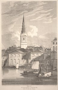 Uitzicht op de St. Brides kerk, vanaf de rivier de Theems, gegraveerd door Matthews door John Preston Neale