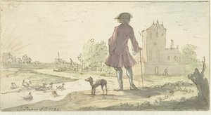 Man met hond bij water door J. Paon (signed by artist)