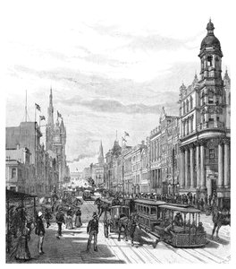 Collins Street kijkend naar het oosten, Melbourne, Victoria, Australië, 1886 door J. R. Ashton
