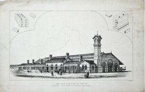 Nieuw station in Dovor. London, Chatham en Dovor Railway. 1860 door J. R. Jobbins