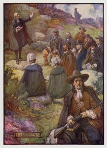 Gewapende wachters houden de wacht tijdens een bijeenkomst van Schotse Covenanters, 17e eeuw