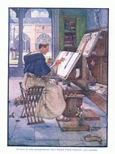 Het was in de kloosters dat boeken werden geschreven en gekopieerd, uit Engelse Literatuur uitgegeven door T C & EC Jack, ca. 1920