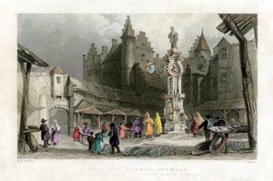 De vismarkt, Antwerpen, België, 19e eeuw
