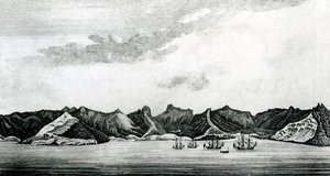 Een uitzicht op Cumberland Bay op het eiland Juan Fernandes, c.1745 (gravure)