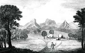 Een uitzicht op de tent van de commodore op het eiland Juan Fernandes, c.1745 (gravure) door J. S. Mason