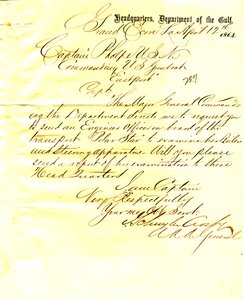 Brief van J. Schuyler Crosby, Grand Ecore, Louisiana, aan Seth Ledyard Phelps, commandant U. S. S. Eastport, 12 april 1864 door J. Schuyler Crosby