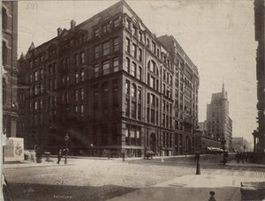 De zuidoostelijke hoek van Dearborn en Monroe Streets, Chicago, 1890 door J. W. Taylor