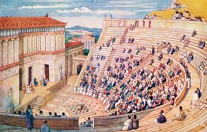 Ansichtkaart met afbeelding van een amfitheater, Romeinse Rijk (print)
