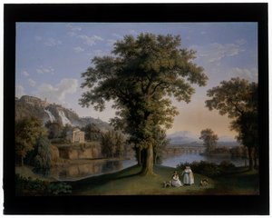 Ideaal Landschap met de Kleine Cascatelle en de Maecenas Villa in Tivoli door Jacob Philippe Hackert