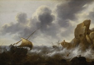 Een vissersboot voor een rotsachtige kust in een storm met een wrak, ca. 1664-65