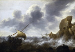 Een vissersboot gevangen in een storm nabij een rotsachtige kust, met een schipbreuk, door Jacob Adriaensz Bellevois