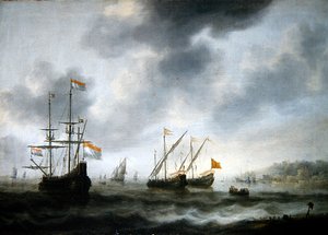 Het Nederlandse Vlaggenschip De Roode Leeuw en Twee Engelse Schepen door Jacob Adriaensz. Bellevois