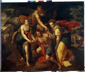 De drie leeftijden van de mens. Een man in de kracht van zijn leven wordt ondersteund door engelen terwijl hij wankelt door Jacob Adriensz Backer
