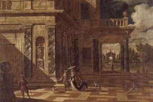 Architectonische capriccio met elegante figuren