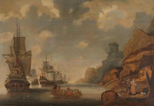 Een Franse eskader bij een rotsachtige kust door Jacob Bellevois