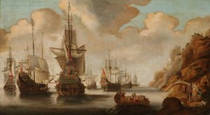 Een Franse eskader bij een rotsachtige kust