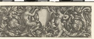 Fries met een schild gedragen door een mannelijke en een vrouwelijke satyr door Jacob Binck (signed by artist)