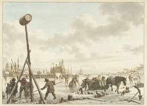 Bedrijvigheid op het ijs bij de stadswal van Veere