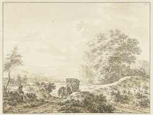 Heuvelachtig landschap met reiswagen door Jacob  Cats