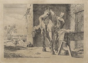 Figuur met een paard bij een voederbak door Jacob Elias van Varelen