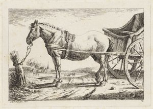 Staand paard, voor een wagen gespannen door Jacob Elias van Varelen