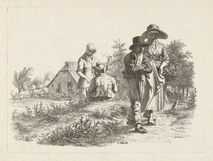 Blinde vrouw en converserende figuren bij een boerderij door Jacob Ernst Marcus