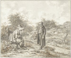 Heuvelig landschap met zittende vrouw en staande man met korf door Jacob Ernst Marcus
