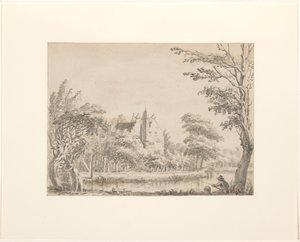 Huis Oudaan met op de voorgrond een hengelaar door Jacob Ernst Marcus